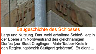 Baugeschichte des Schlosses Lage und Nutzung. Das  wohl erhaltene Schloß liegt in der Ebene am Nordwestrand des gleichnamigen Dorfes (zur Stadt Creglingen, Main-Tauber-Kreis in den Regierungsbezirk Stuttgart gehörend). Es dient ...